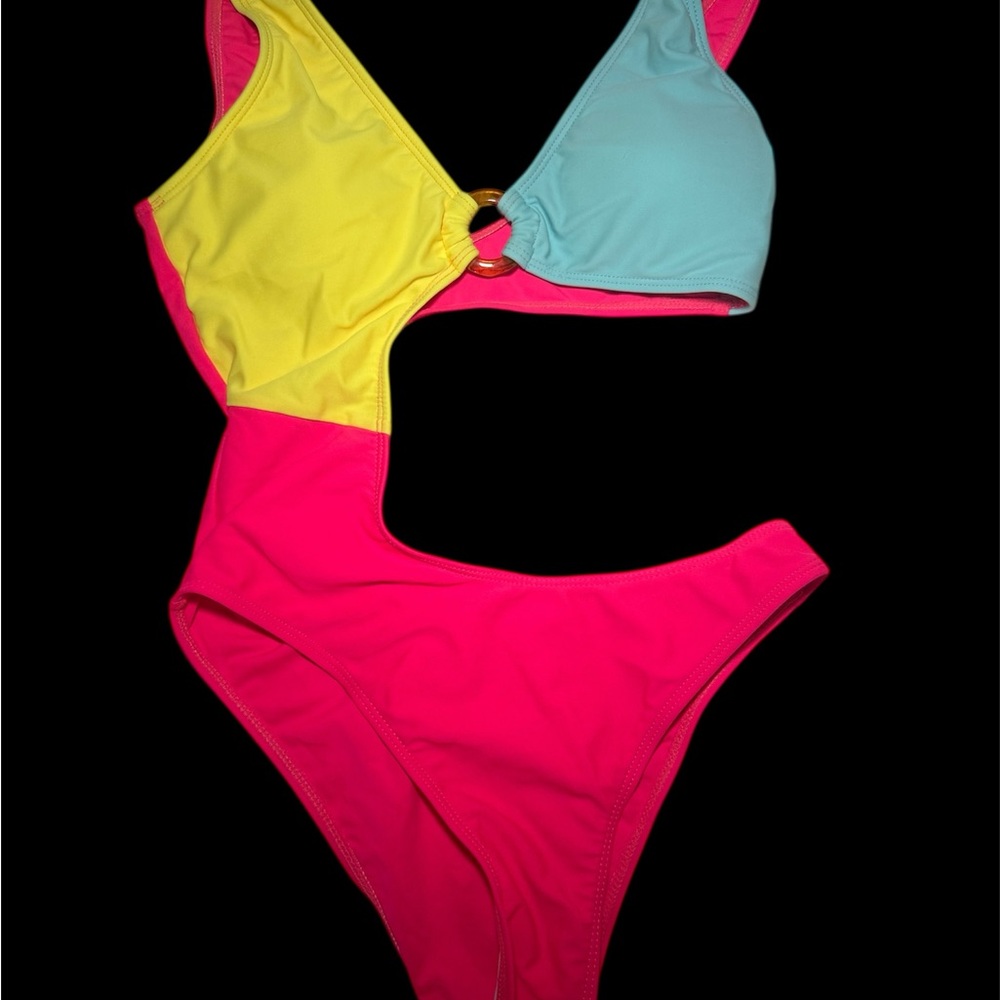 SHEIN Pink and Yellow One Piece Swimwear